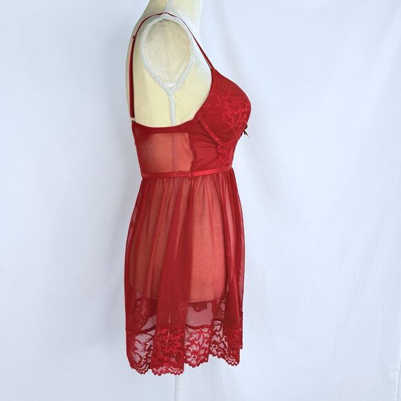 Daisy Fuentes Babydoll Red Chiffon Lace Size M Lingerie Festival Slip Dress Sexy - Picture 3 of 16